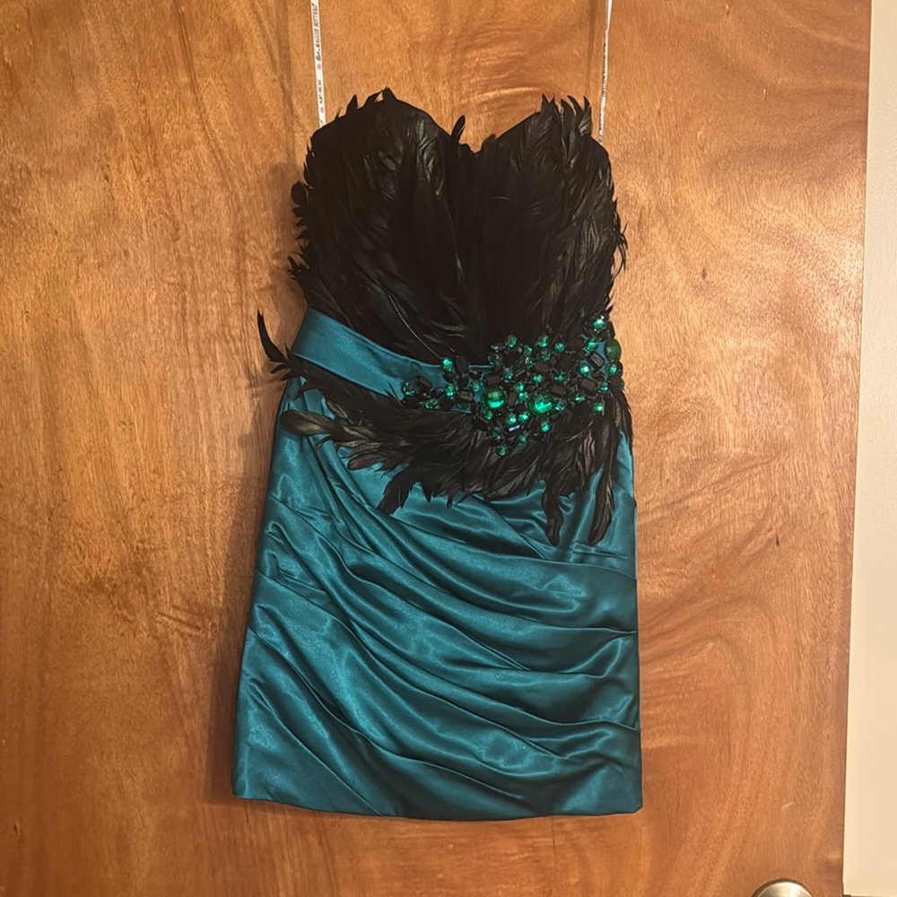 Elegant Black and Teal Feathered Dress size 4